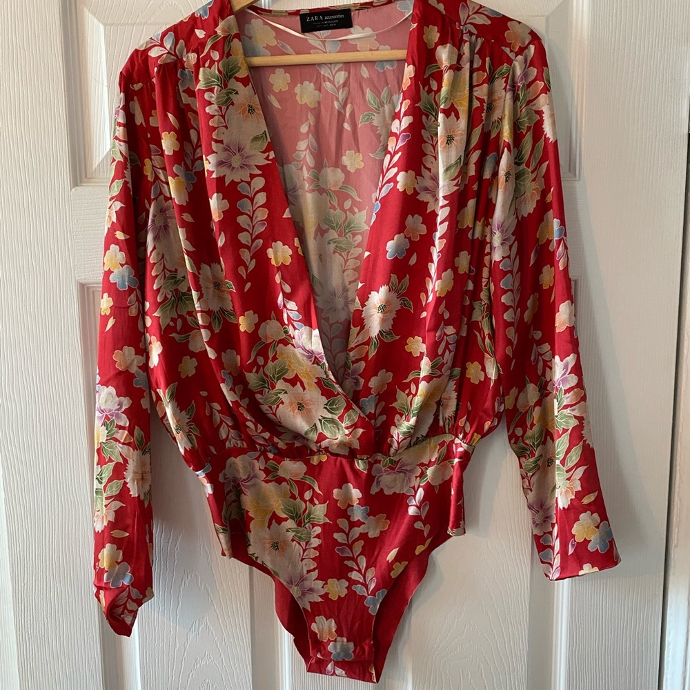 Zara - floral plunge satin blouse - leotard - s